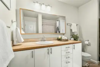 Spacious bathroom with storage cabinet that can be replaced with a stackable washer/dryer.