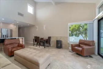 Lovely open floor plan.   No stairs inside this unit.  Wood burning European fireplace.  Vaulted ceilings.