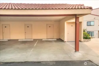 Parking space, covered and storage unit.  This is an end parking unit.