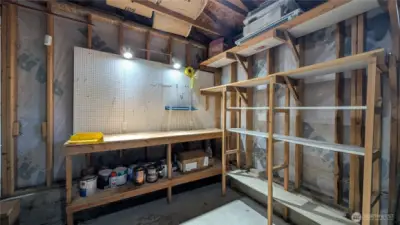 Powered and lit work space and storage.