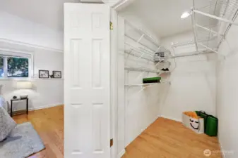Walk-in closet with built-in shelving in the lower level bedroom.