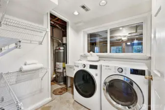 Lower-level laundry room with handy built-in shelving.