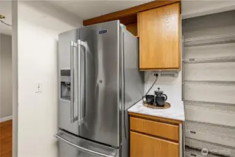 Showing the large fridge and a closer view of the pantry.