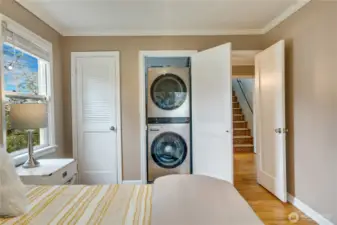 Dual closets add flexibility, including one with a stacked LG washer and dryer (both new in 2023)—bringing convenient main-floor laundry into everyday living.