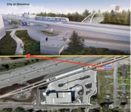 Aerial photo of the area with the green rectangle being the home, another angle view of the bridge across I-5 for pedestrian to cross from West side of I-5 to the light rail station