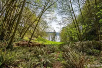 Other side of the split rail fence looking down the meadow to the water.