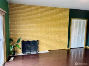 Cozy fireplace in primary suite. Showing one of two closets.