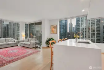 Another view of the Living room from the kitchen. Island is a great spot for breakfast!