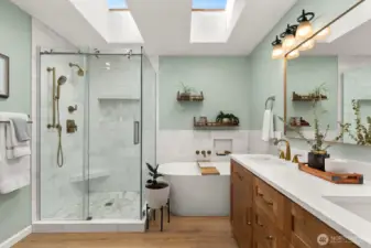 Gorgeous primary bath has been recently remodeled.