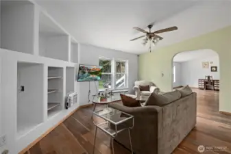 Great room with built-in shelving