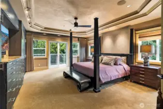 The spacious primary suite is enhanced by tray ceilings and direct access to the back deck, creating a private and serene retreat.