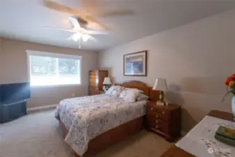 Primary bedroom in the back of the house features view to fenced backyard and ceiling fan.