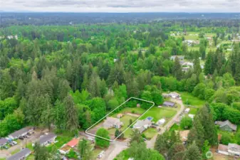 Arial view of neighborhood with approximate property lines marked in white