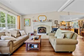 Living room with wood burning fireplace