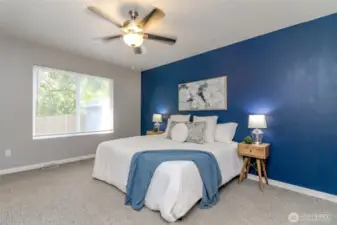 This view of the primary bedroom faces the backyard and storage shed. The walk in closet is to the left of the window.