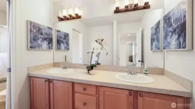 Beautiful guest bath featuring a pocket door for a private water closet.