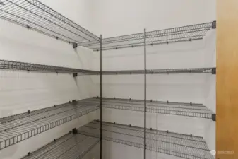 Walk-in pantry with ample shelves.