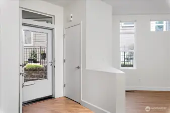 Front door accesed via side walkway