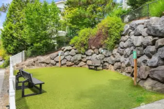 Peaceful community park that is dog friendly, a great spot to relax or catch up with neighbors