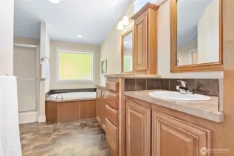 Ensuite bath has tons of cabinets, dual vanity, separate garden tub & large shower