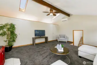 2 openable skylights; large walk thru closet will amaze you or provide room for room expansion. AC unit keeps room comfortable on summer days. Fern patterned carpet adds character to room as well.