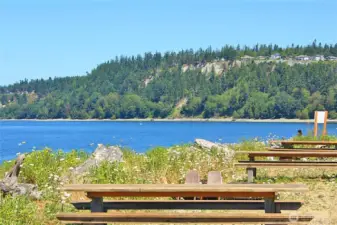 Lots of picnic tables in the community beach area.