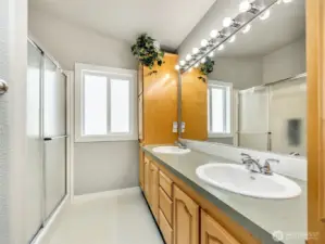 Primary bedroom with closet and attached full bathroom. Soaking dub, skylights, vaulted ceilings, and shower make a large primary suite.