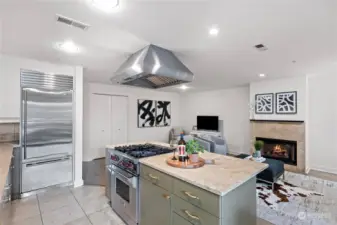 Wolf range hood, Wolf range,  travertine counters