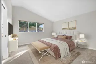 Virtual staging: Spacious master suite w/5-piece bath and walk-in closet on the upper level.