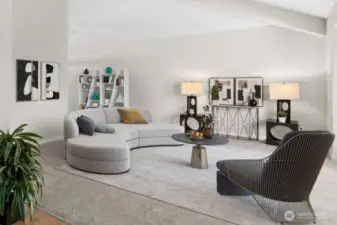 Virtual staging: Vaulted ceilings & large windows fill the space w/natural light in living area.