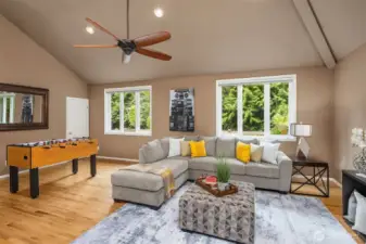 Walk-in closet, and so much room - this is a large sectional, and the room STILL has enough space for a foosball table! Note that the deck from the kitchen extends all the way to the space outside this room.