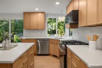 Masterful kitchen renovation with gorgeous quartz countertops as well as full height quartz backsplash.