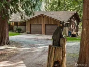 The carved bear on this stump welcomes you to the property.