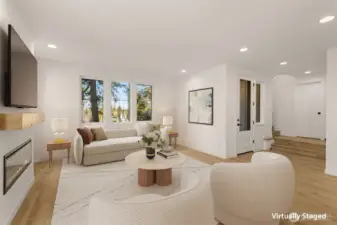 Spacious living area with designer lighting.