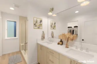 Spa-inspired primary bath with heated floors and thoughtfully selected tile.