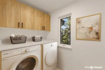 Upper laundry room with plenty of cabinet storage space.