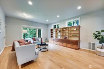 Spacious family room with built-in bookcase