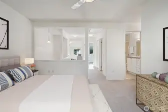 Open and light primary with ensuite and great walk in closet. Virtually staged to give you a sense of the potential! Fresh paint & carpet throughout the 2nd level.