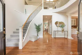 As you step through the French Entry Doors, you are greeted by Grand 20'+ / 2 story ceilings, elegant columns and a custom bridal style staircase with iron detail.