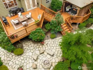 Flagstone paths, hardscape, and fully fenced yard—gather, garden & play!