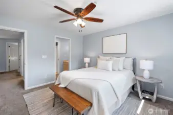 Primary bedroom that connects to the full bathroom.