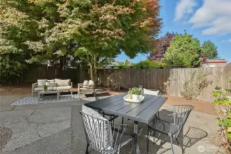 Large backyard with gorgeous Maple tree