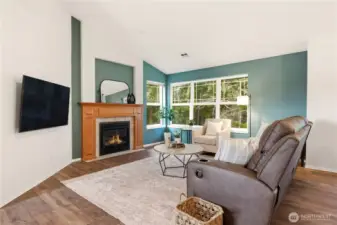 Gas fireplace with wood mantel surround