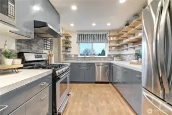 Contemporary kitchen with window to take advantage of the view