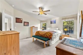 Large Primary bedroom includes His/Her walk-in closet, carpeted, view windows, ensuite Bath with deep soaking tub. Ceiling fan w/ light.