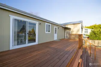 Looking across the deck to the huge garage/shop.