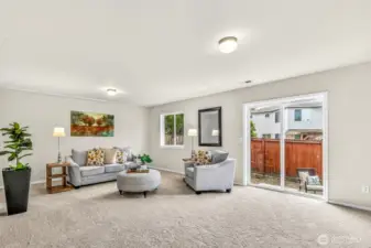 Expansive lower-level bonus room with new carpet and fresh paint—ideal for media, play, workouts, or a second living area. A large slider opens to the backyard for easy indoor-outdoor living.