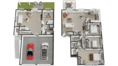 Two-level layout: approximately 1,998 SF with four bedrooms and three baths (two full in the hall and one three-quarter). Upper level features a vaulted great room, open kitchen/dining, deck access, and three bedrooms. Lower level adds a large bonus room, fourth bedroom/office, the three-quarter bath with laundry, and an attached two-car garage.