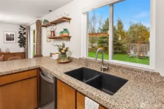 A relaxing view of the backyard from the kitchen sink.