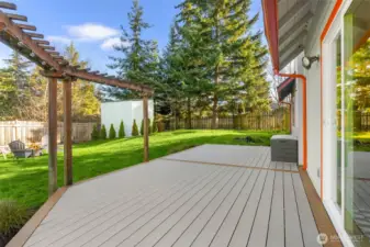 A trellis and cafe lighting frame part of this expansive entertaining deck.